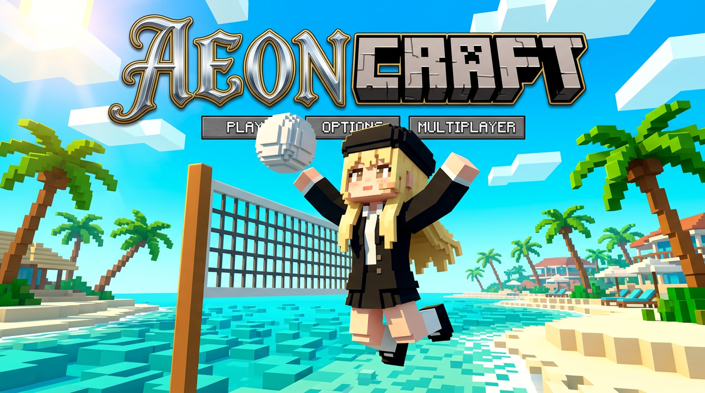 Aeoncraft launcher title art — Denko at the beach